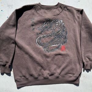 Men's Lustre Sweatshirt Brown Dragon Chinese 2XL Faded Street Traditional Big
